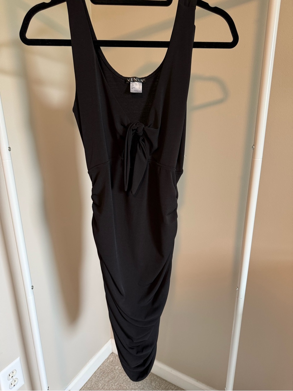 VENUS Black Sleeveless Tie-Front Midi Dress with Ruched Skirt